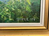 an oil painting of trees in a forest with a name written on it