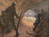 une peinture à l'huile représentant un homme tenant un fusil devant un groupe de soldats