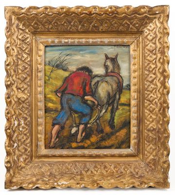 a painting of two men plowing a field with a horse