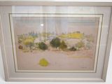 a painting of a desert scene with trees in the foreground