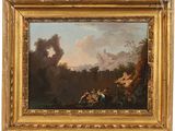 an oil painting of a landscape with figures in the foreground