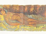 painting of a naked man laying on a bed in a room