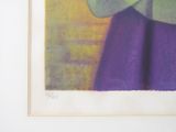 a painting of a woman in a purple dress holding a cell phone