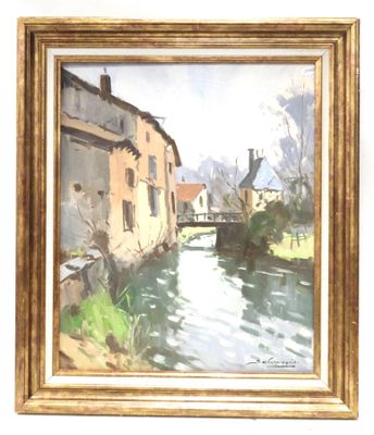 an image of a painting of a river with buildings in the background