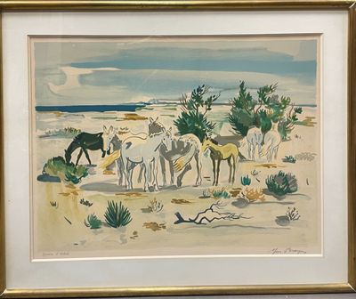 a painting of horses grazing on the beach by the water