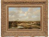 un tableau représentant un paysage avec une rivière et un village au loin