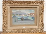 a painting of a man sitting in a boat on the water