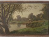 une peinture à l'huile représentant une scène de rivière avec un bateau dans l'eau