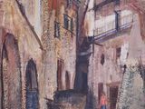 painting of a street scene with buildings and a person walking down the street