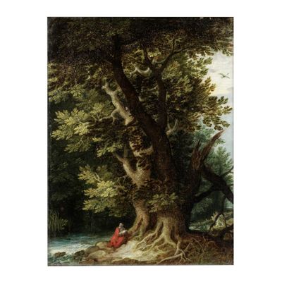 un tableau représentant une femme assise sous un arbre dans une forêt