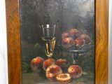 tableau représentant une nature morte composée de pêches et d'un verre de vin