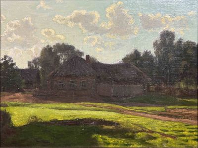 une peinture à l'huile représentant une scène de campagne avec une grange et un chemin de terre