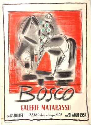 tableau représentant un homme à cheval sur un fond rouge et blanc
