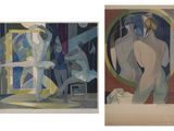 two paintings of a man and a woman in front of a mirror
