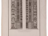 a black and white drawing of two doors with decorative designs on them