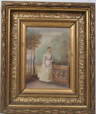 an old painting of a woman in a white dress is hanging on a wall