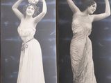 two black and white photos of a woman in a dress holding a vase