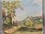 an oil painting of a rural scene with a mountain in the background