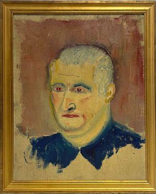 portrait d'un homme vêtu d'une chemise à col bleu, dans un cadre doré