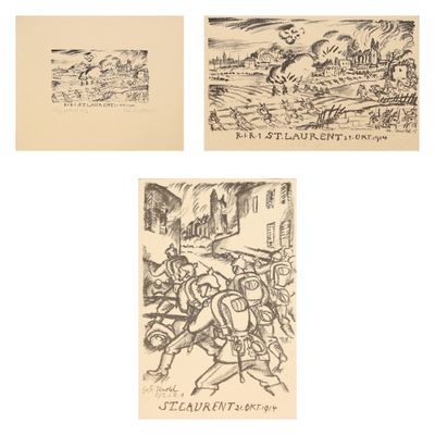 trois dessins représentant des soldats et un homme à cheval devant un bâtiment