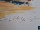 a picture of a watercolor painting of a man riding a horse