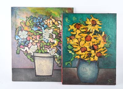 un tableau représentant un vase de fleurs et un tableau représentant un vase de tournesols