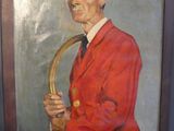 painting of a man in a red jacket and hat holding a saxophone