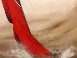 a painting of a red sailboat in the water