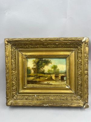 un tableau représentant un paysage fluvial avec un pont au loin