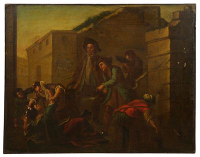 une image représentant un tableau où l'on voit un homme tendre quelque chose à un groupe de personnes