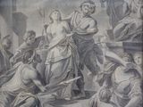 une vieille photo représentant un tableau où l'on voit un groupe de personnes dans une pièce