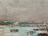 painting of a beach scene with boats and people on the shore