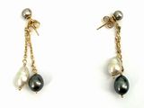 black and white pearl earrings with gold chains on a white background