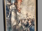 an old poster of a woman holding a sword in front of a crowd of people