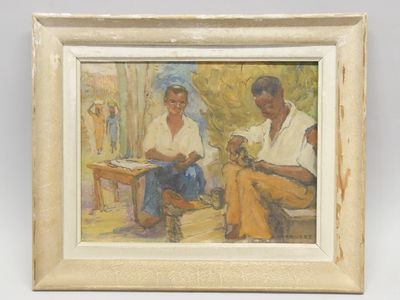 tableau représentant deux hommes assis sur un banc devant un mur blanc