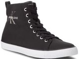 a black high top sneak with a white sole and a logo on the side