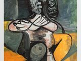 a painting of a man sitting on a chair with his arms crossed