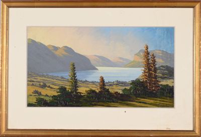 an oil painting of a lake surrounded by mountains and trees