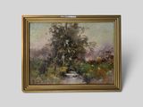 a painting of a river with trees in the background