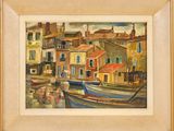 une peinture à l'huile représentant des bateaux dans un port avec des bâtiments à l'arrière-plan