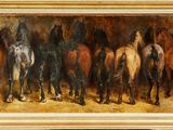 tableau représentant un groupe de chevaux dans une écurie, peint par un homme