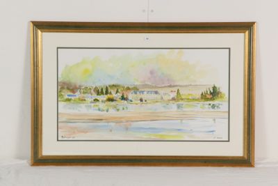aquarelle encadrée représentant un paysage avec une rivière et des arbres