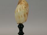 an antique carved shell on a black stand on a white background