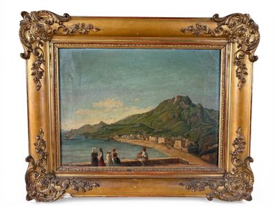 une peinture à l'huile représentant une vue de plage avec une montagne en arrière-plan