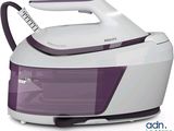 a white and purple steam iron on a white surface