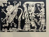 drawing of a group of people in a black and white picture