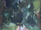 une peinture à l'huile représentant deux personnes marchant sur un sentier dans les bois