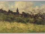 an oil painting of a church on a hill with trees in the foreground