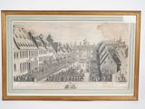 an old drawing of a parade in a town with a horse drawn carriage