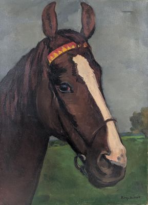 tableau représentant un cheval brun et blanc dans un champ, avec le ciel en arrière-plan
